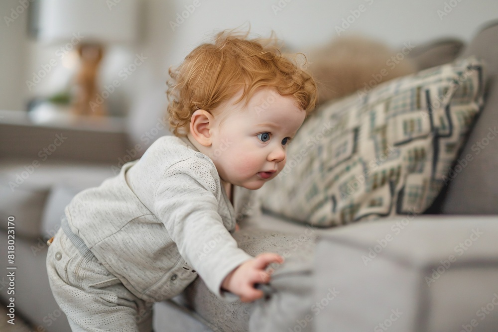 A baby is energetically climbing on a couch in a cozy living room, exploring their surroundings with curiosity and determination A baby is energetically climbing on a couch in a cozy living room, exploring their surroundings with curiosity and determination