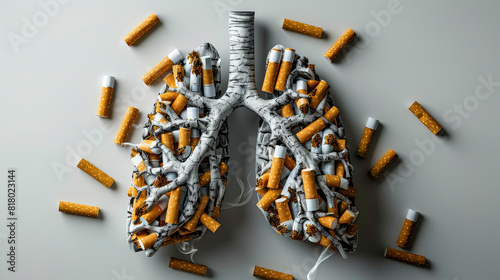 Artistic representation of human lungs made from cigarettes highlighting the environmental impact on health, the dangers of smoking with copy space for health awareness messages Generative ai