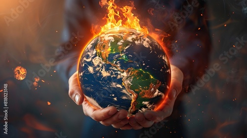 Hands holding Earth globe burning into flames, America destroyed by fire, 