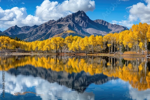 Fall In The Mountains. Colorful Autumn Landscape with Yellow Aspens and Reflection in June Lake