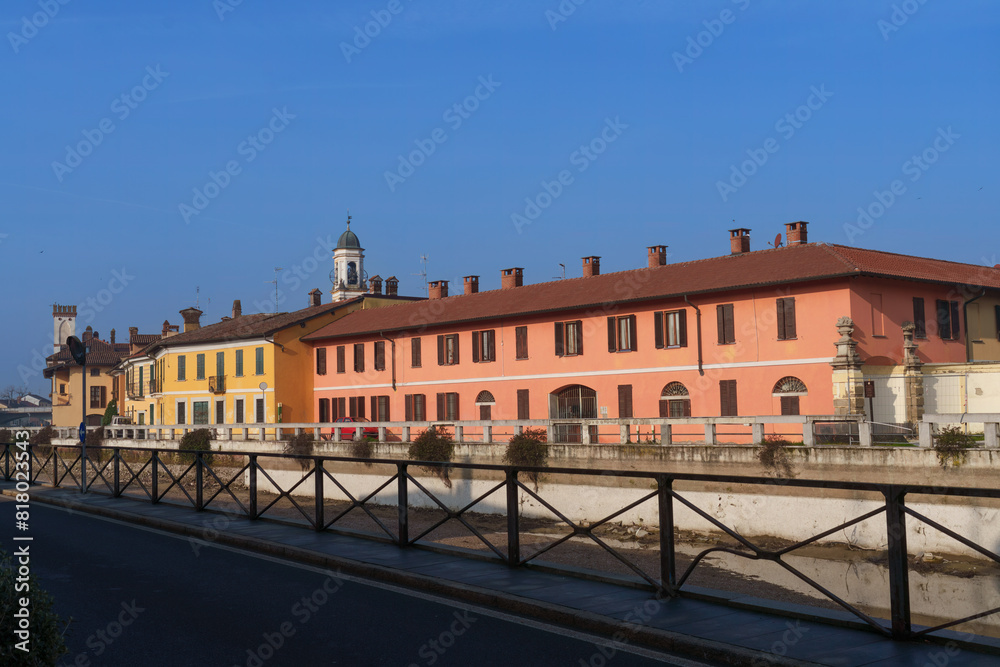 Gaggiano, Milan, Italy: exterior of historic houses along the Naviglio Grande