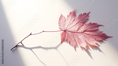 A single  vibrantly colored leaf casting a long shadow on a white wall  its intricate veins and delicate texture highlighted.