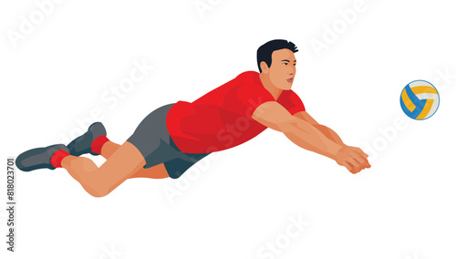 Asian volleyball player in red t-shirt falling and going for a dig to hit the ball