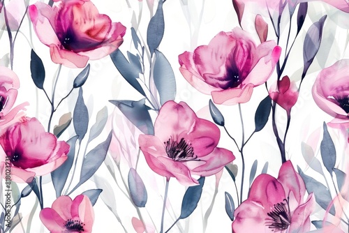 Vibrant Watercolor Floral Pattern with Blossoms and Botanical Accents