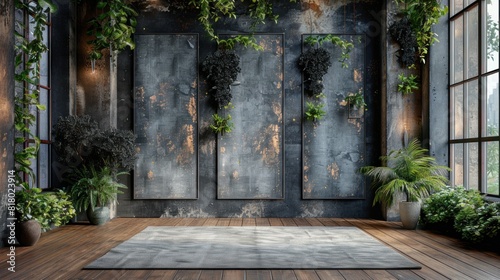 Minimalist wedding interior with blank posters and beautiful black flowers on the walls