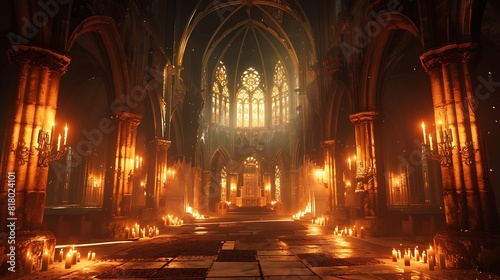 A majestic cathedral illuminated by the warm glow of candlelight, casting intricate shadows on its ancient walls.