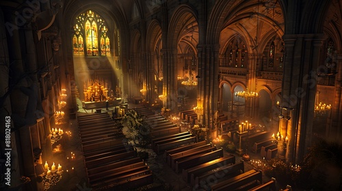 A majestic cathedral illuminated by the warm glow of candlelight  casting intricate shadows on its ancient walls.