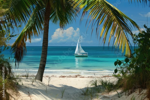 Beach With Boat. Palm Trees and Sailing Boat on Turquoise Sea in Caribbean Paradise Island