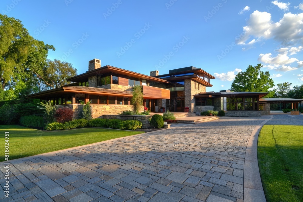 Outside Of Home. American Big Brown Stone House with Modern Design and Driveway Outside Of Home. American Big Brown Stone House with Modern Design and Driveway