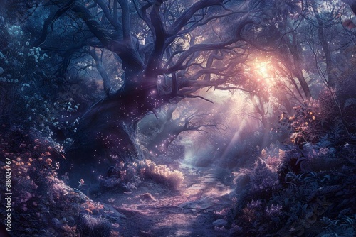 Fantasy landscape illuminated by a glowing, ethereal light
