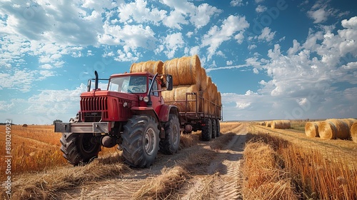 A tractor pulling a trailer full of freshly harvested hay bales. photo