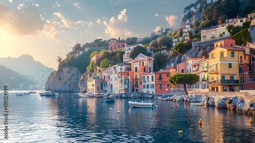 A picturesque seaside town basking in the warm glow of dawn, with pastel-colored buildings lining the waterfront. photo