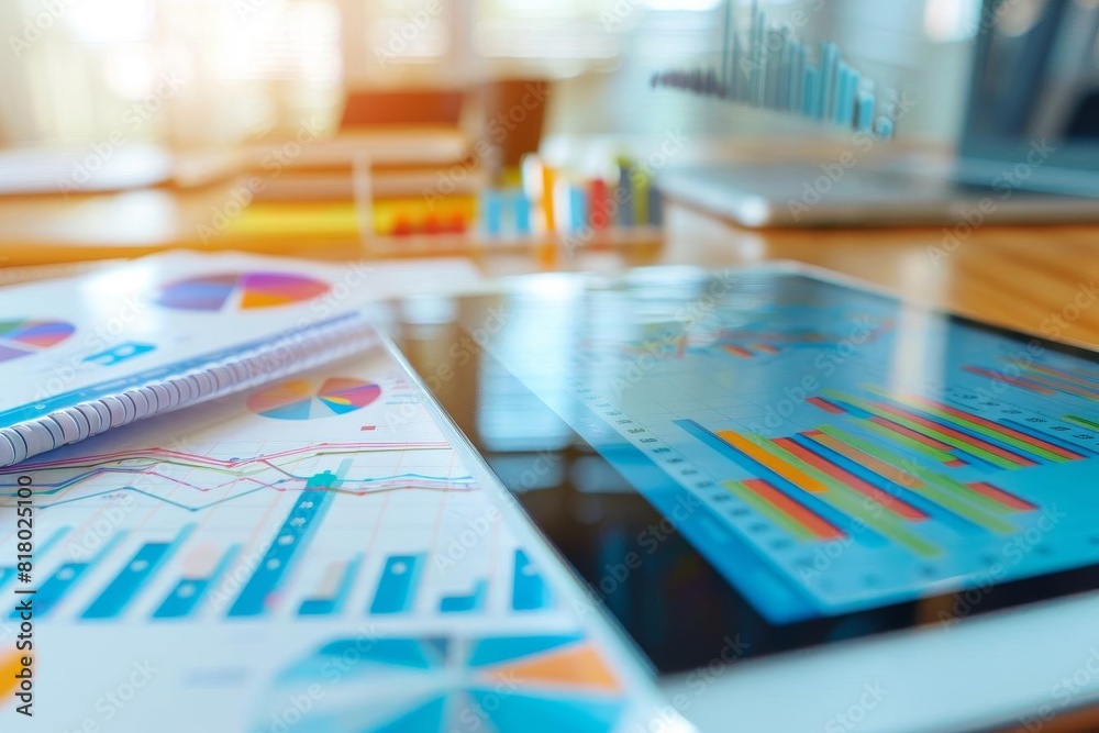 Financial analytics visualized on a tablet in a dynamic office setting Financial analytics visualized on a tablet in a dynamic office setting