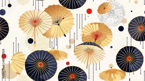 Modern umbrella elements with a gold geometric background. Japanese pattern modern  