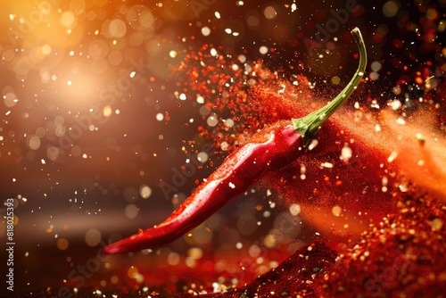 Chilli Red Pepper. Spice Burst with Crushed Red Chili Pepper Powder Splash