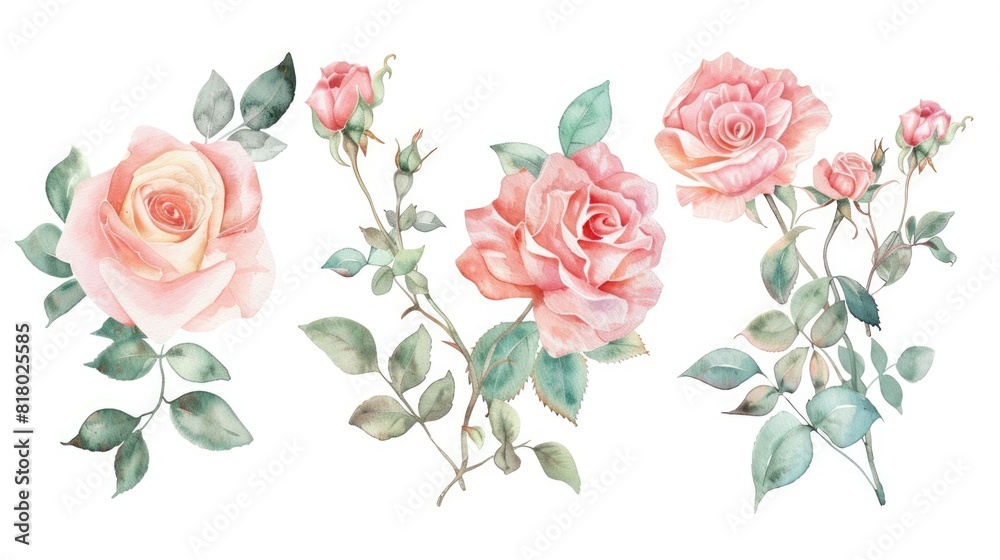 Pink Floral Design. Hand-drawn Rose Illustration with Green Blossoms in Watercolor Painting Pink Floral Design. Hand-drawn Rose Illustration with Green Blossoms in Watercolor Painting