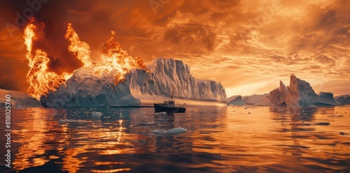 Iceberg on fire, global warming concept, ice shelf burning in the background with small boat, high resolution photograph. photo