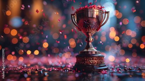 A golden cup on a beautiful winning dark background, the theme of winning the competition and taking first place.generative ai 