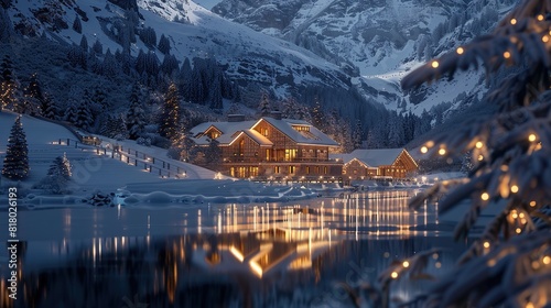 Illuminated High Tech Mountain Lodge with Bokeh Lights Reflecting on  photo