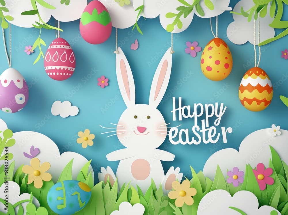 Easter Bunny Surrounded by Colorful Easter Eggs in Grass, Paper Art Style Illustration Easter Bunny Surrounded by Colorful Easter Eggs in Grass, Paper Art Style Illustration