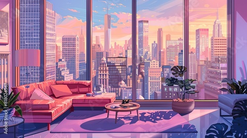 Illustration of a cozy modern high rise penthouse apartment in New York with a cityscape view. The pink interior design is relaxing 