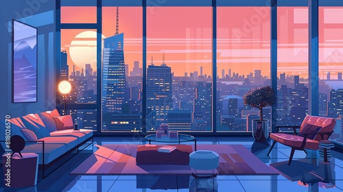 Illustration of a cozy modern high rise penthouse apartment in New York with a cityscape view. The pink interior design is relaxing  photo