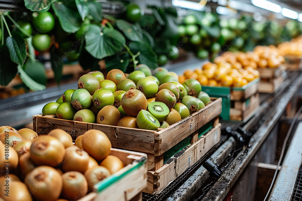 The harvested kiwi crop is neatly packed in wooden boxes on the sorting table, ready for distribution at a bustling orchard during the peak of the harvest season The harvested kiwi crop is neatly packed in wooden boxes on the sorting table, ready for distribution at a bustling orchard during the peak of the harvest season