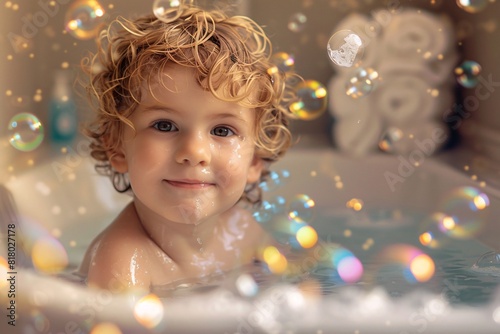 A young boy is sitting in a bathtub filled with bubbles, enjoying his bath time in a cozy bathroom