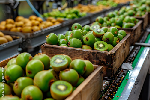 The harvested kiwi crop is neatly packed in wooden boxes on the sorting table, ready for distribution at a bustling orchard during the peak of the harvest season