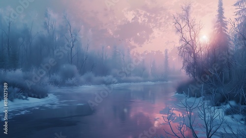 A serene river winding through a frost-covered forest, reflecting the soft glow of dawn. © Haider