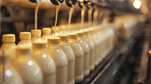 A close-up of fresh milk being poured into a glass bottle.