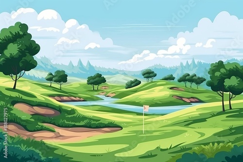 golfing session flat design front view golf course theme cartoon drawing colored pastel photo