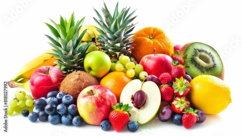 A variety of fruits are arranged in a pile.