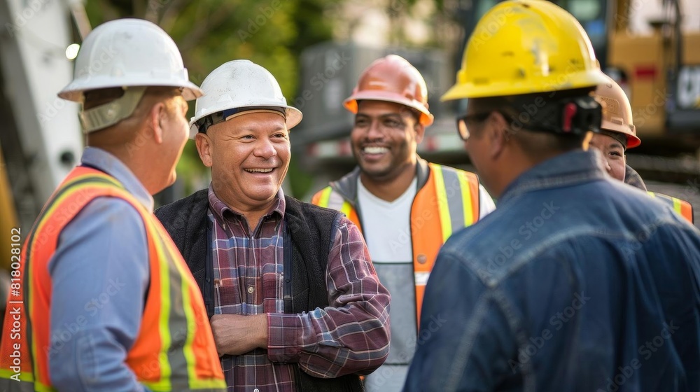 Group of construction professionals smiling in a team meeting outdoors Group of construction professionals smiling in a team meeting outdoors