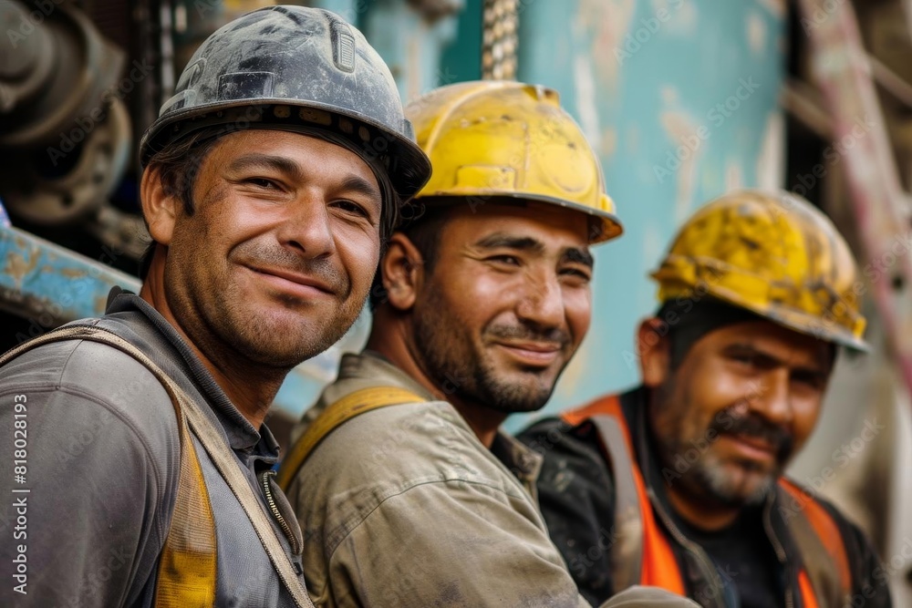 Group of construction workers smiling, representing teamwork in industrial settings Group of construction workers smiling, representing teamwork in industrial settings