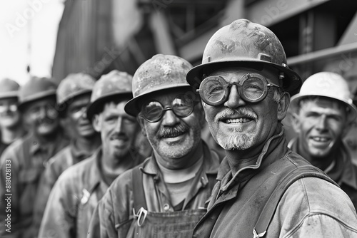 Group of construction workers smiling, representing teamwork in industrial settings