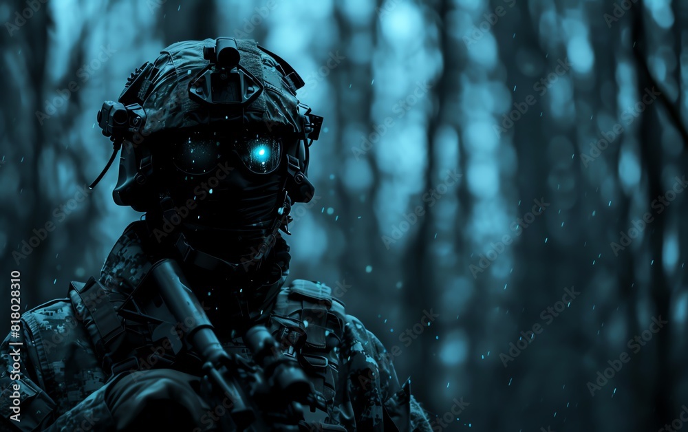 A commando using night vision goggles during a night operation, close up, stealth theme, futuristic, Silhouette, a dark forest as backdrop A commando using night vision goggles during a night operation, close up, stealth theme, futuristic, Silhouette, a dark forest as backdrop