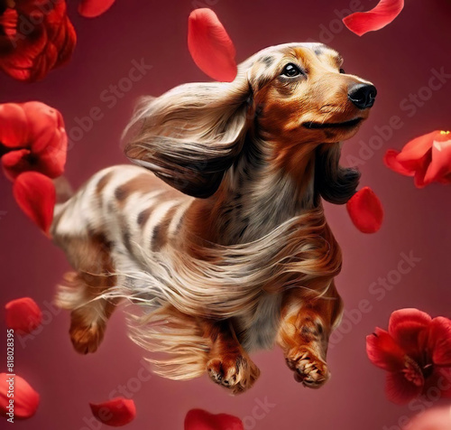 A beautiful long-haired merle dachshund flies among the red flower petals