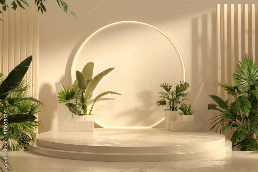 Contemporary botanical display with a luminous circular backdrop and an array of tropical plants on a minimalist white podium. Generative AI Contemporary botanical display with a luminous circular backdrop and an array of tropical plants on a minimalist white podium. Generative AI