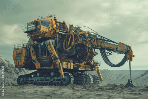 Heavyduty robotic machine in a desolate landscape photo