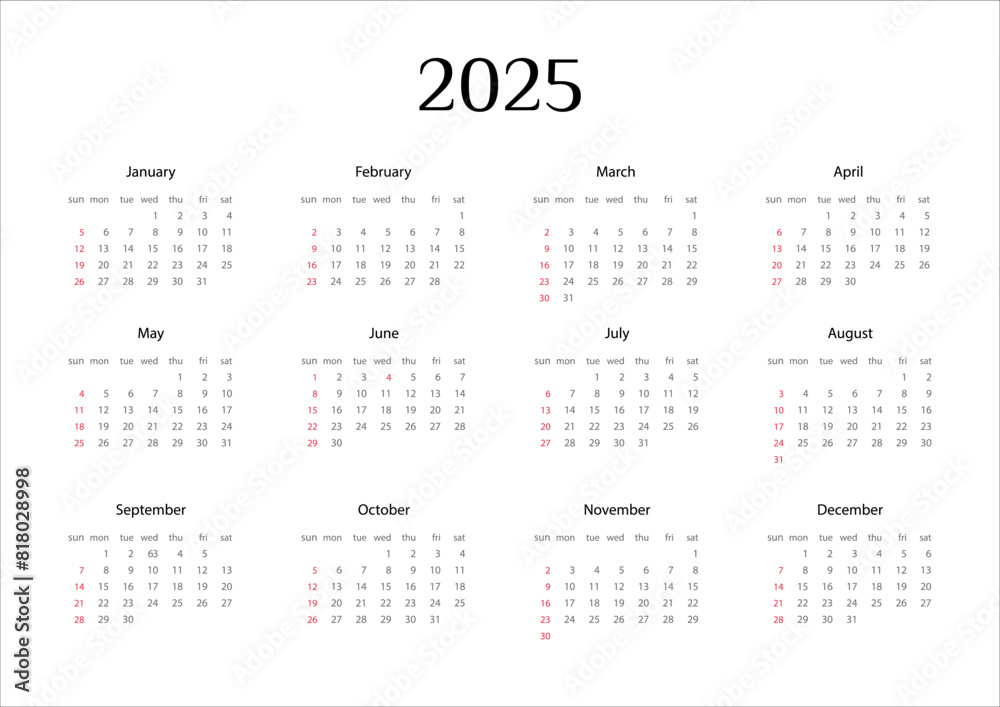 Calendar 2025, the beginning of the week Sunday, vector, Layout of organizers with 12 months in English. Calendar 2025, the beginning of the week Sunday, vector, Layout of organizers with 12 months in English.