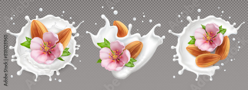 Almond milk, nuts and flower compositions on gray background