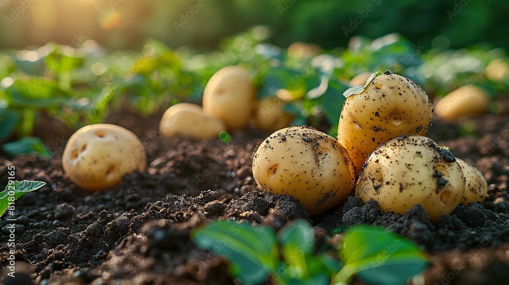 A close-up of freshly harvested potatoes still covered in soil. A close-up of freshly harvested potatoes still covered in soil.