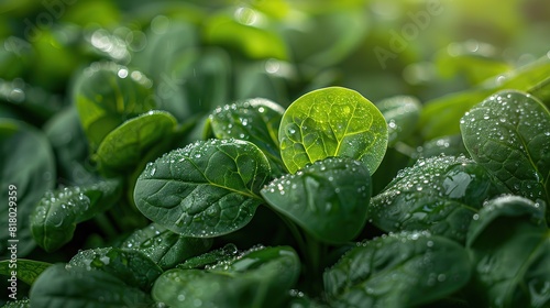 A field of vibrant green spinach leaves glistening with morning dew.