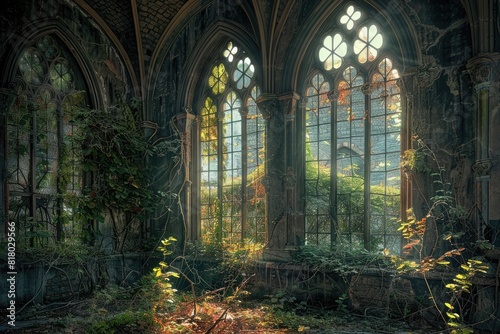 Inside an abandoned gothic castle  broken windows with ivy and plants growing through them  warm light coming in through the windows  ornate wall art