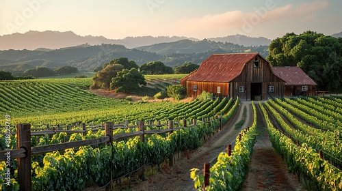 A rustic barn surrounded by fields of crops and a wooden fence. photo