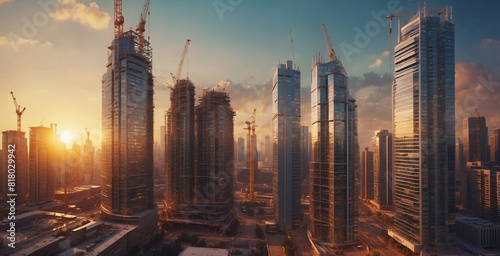 a view of the construction of a skyscraper  with the rays of the setting sun highlighting the surrounding space