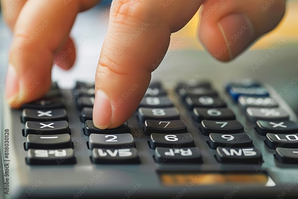 Individual calculating financial data using a traditional calculator Individual calculating financial data using a traditional calculator