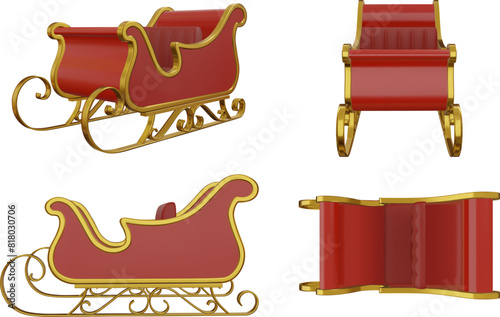 isolated santa claus sleigh 3d illustration. christmas sleigh front, side and top view