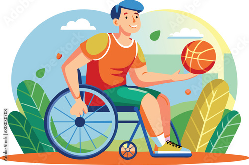 Flat illustration of a wheelchair basketball player, vector illustration.
